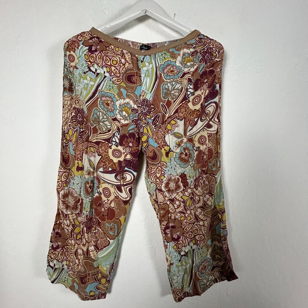 Loco Lindo Womens Floral Print Capri Pants Brown Elastic Waist Lightweight